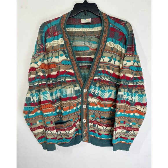 COOGI Other - Vtg 90s Coogi Australia Cardigan Button Sweater Men’s XL Turquoise Wave 3D Knit